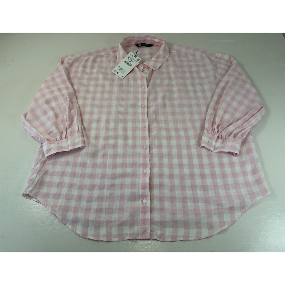 Zara Women’s Oversized Pink White Plaid Button Up Shirt Size Medium